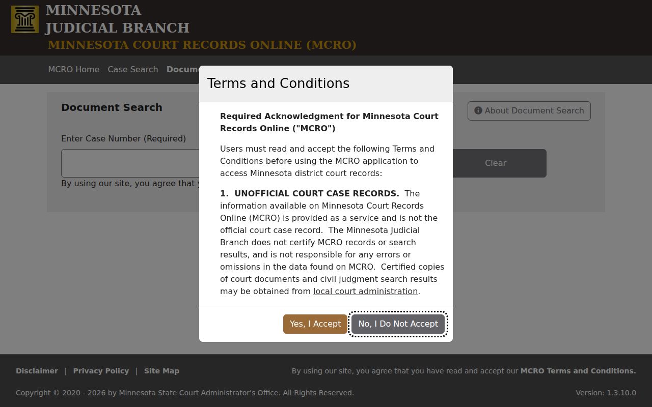 Stearns County civil docket document search by case number in MCRO