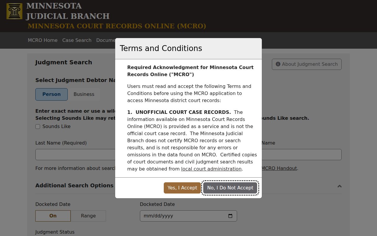 Stearns County civil docket judgment search controls in Minnesota Court Records Online