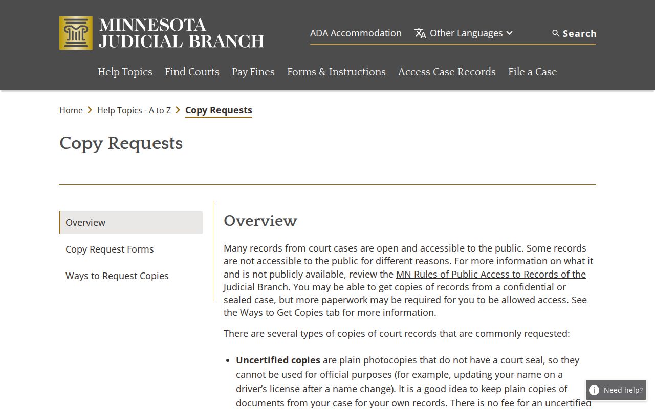 Stearns County civil docket copy request options for plain and certified records