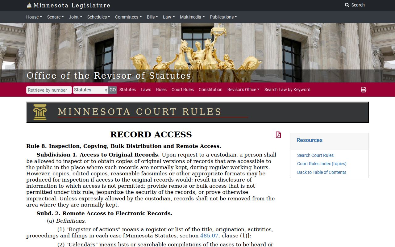Stearns County civil docket access rule from Minnesota Rule of Public Access 8