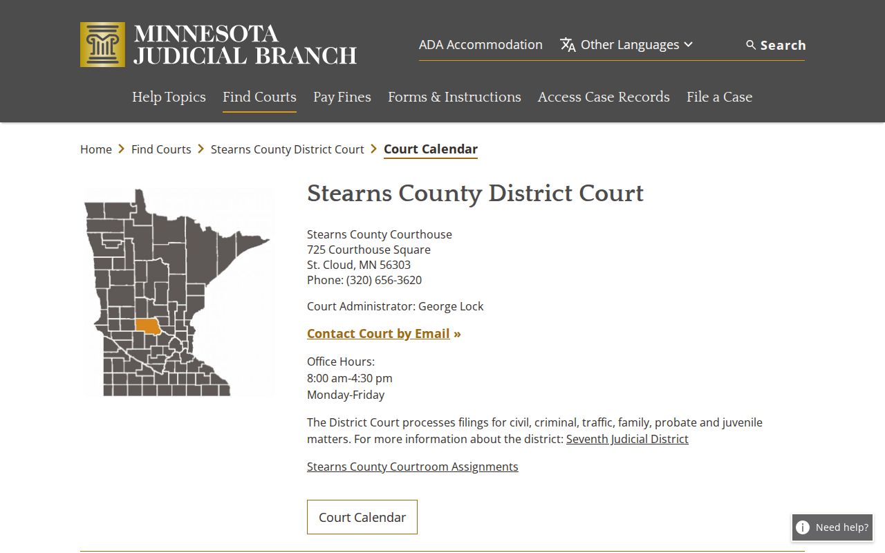 Stearns County court calendar instructions for daily court date updates