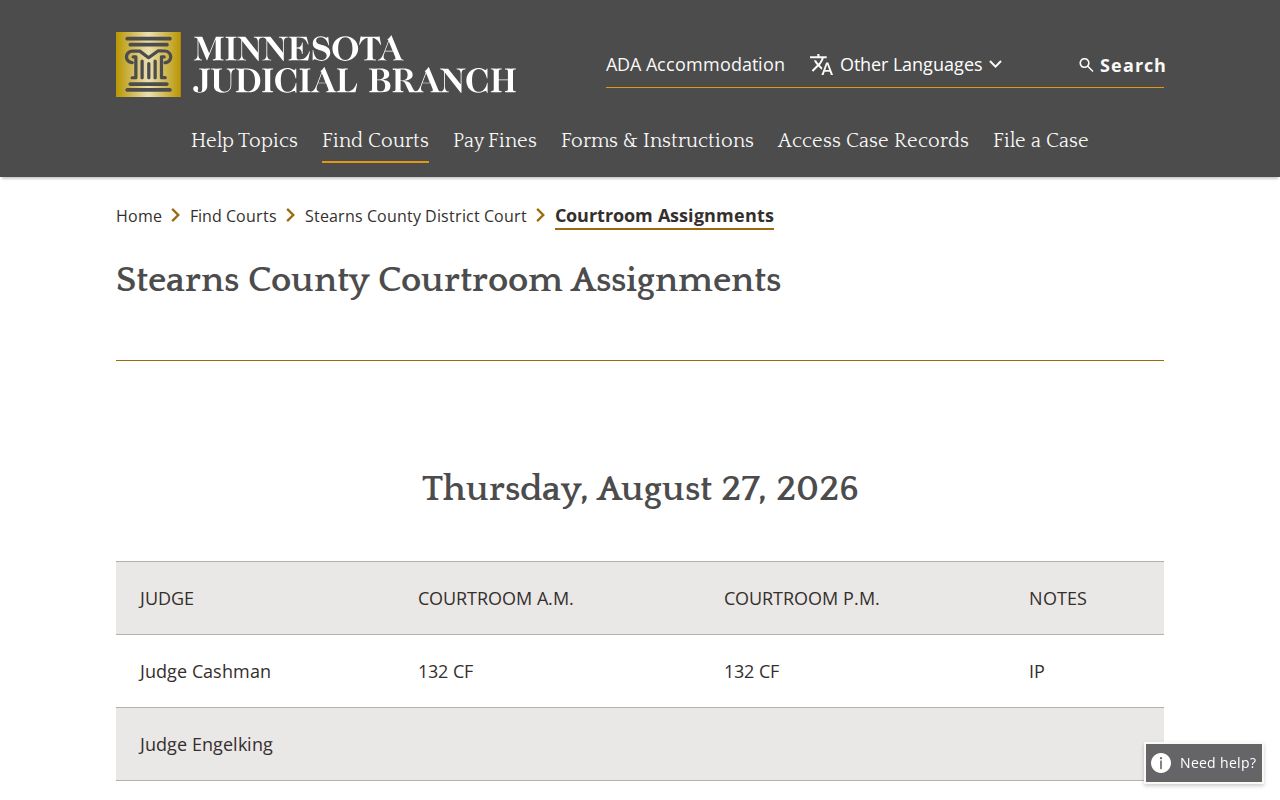 Stearns County court dates and courtroom assignment information