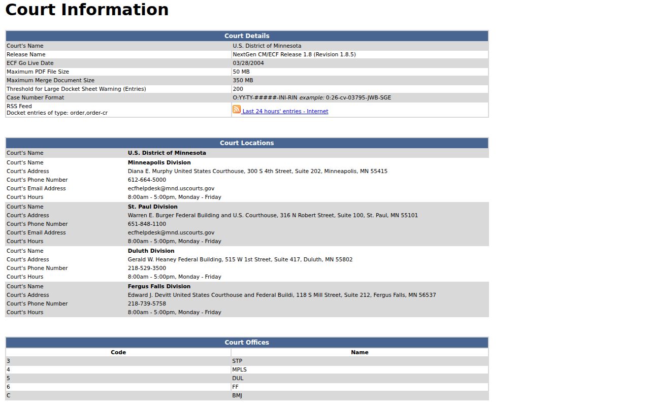 Stearns County court records federal CM ECF case number information