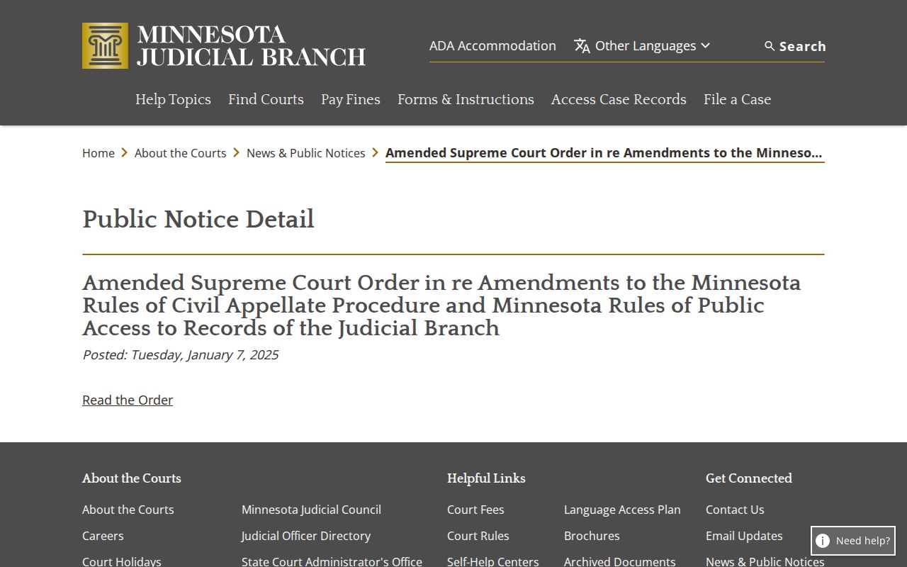Stearns County criminal docket public-access rules notice from Minnesota courts