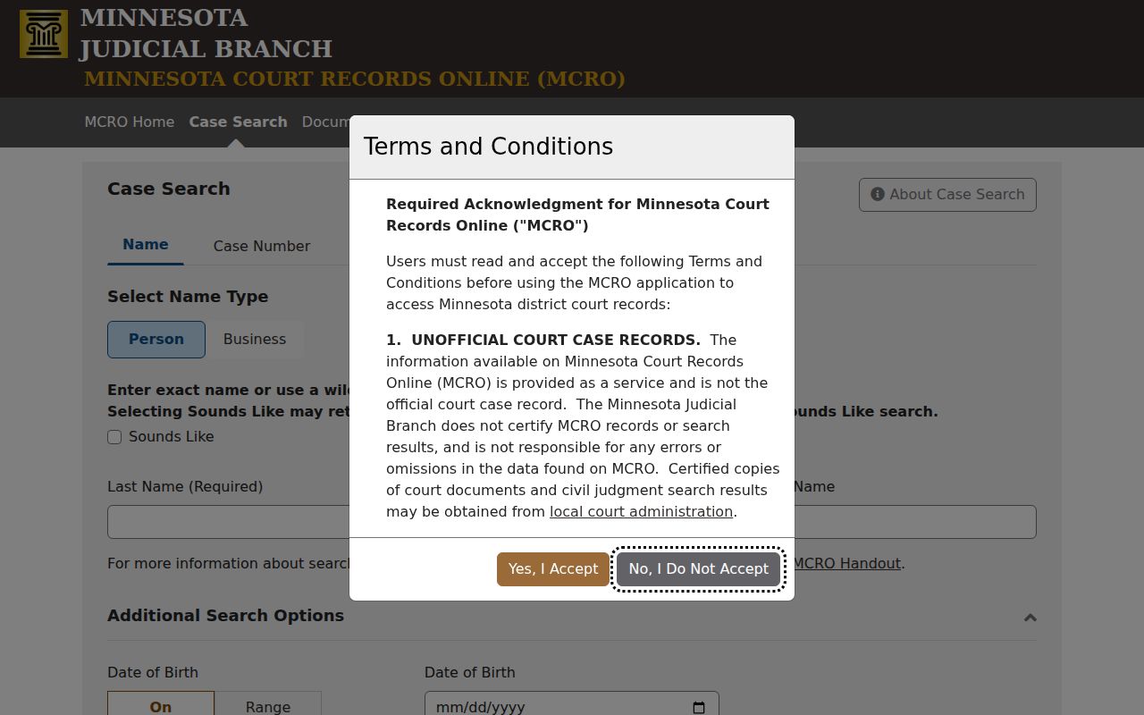 Stearns County criminal docket search controls in Minnesota Court Records Online